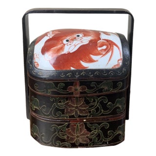 Antique Chinese Red Lacquer Stacked Lunch Box With Porcelain Inset For Sale