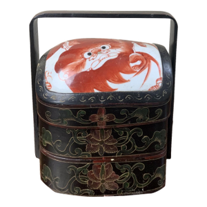 Antique Chinese Red Lacquer Stacked Lunch Box With Porcelain Inset
