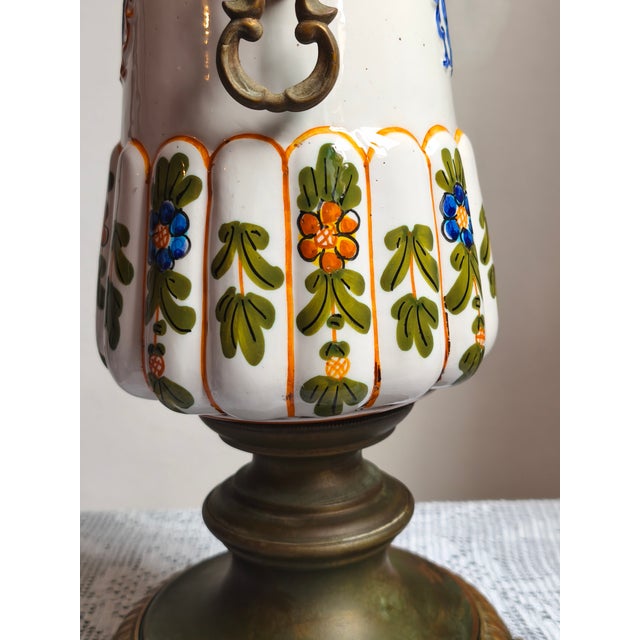 Mid-Century Italian Brass & Ceramic Table Lamp with Frosted Etched Glass Shade, 1950s For Sale - Image 10 of 15