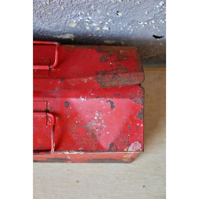Vintage Industrial Patinated Red Metal Tool Box For Sale - Image 4 of 11