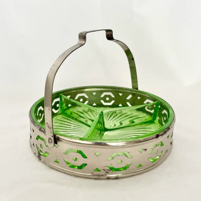 Vintage green Depression glass relish tray. Silver plate basket holder with divided vaseline glass insert. Perfect serving...