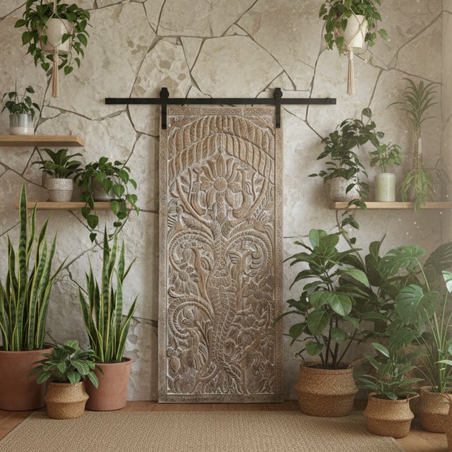 Tree of Life Carved Natural Wood Barn Door – Feature Wall Panel 84x36 For Sale In Orlando - Image 6 of 6