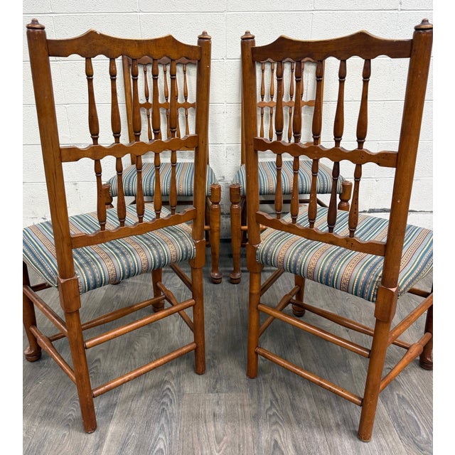 Wood Vintage Colonial Style Spindle Back Upholstered Dining Chairs - Set of 4 For Sale - Image 7 of 13