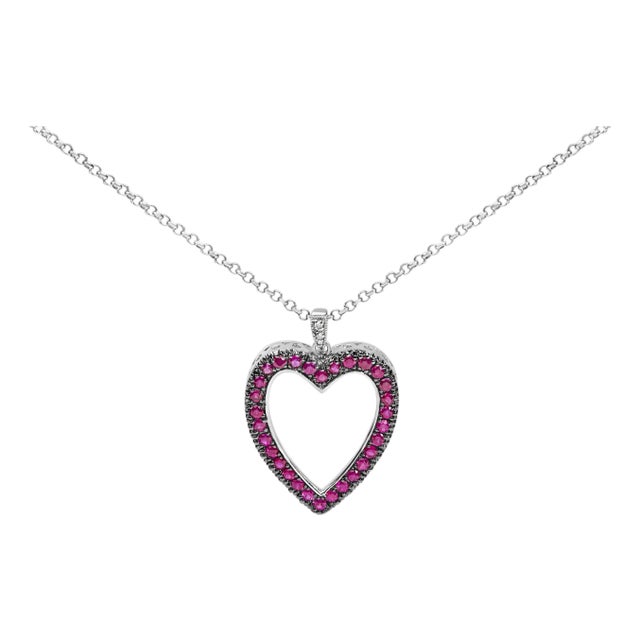 18K 1/3 Cttw Diamond and Red Ruby Open Heart with Black Rhodium 18" Pendant Necklace (G-H Color, VS2-SI1 Clarity) For Sale
