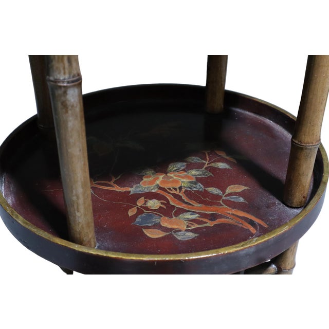 Asian Three Tiered Tall Asian Side Table With Bamboo and Hand Painted Tray Surfaces For Sale - Image 3 of 6
