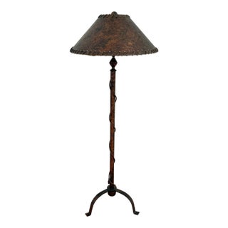 Arts & Crafts Style Wrought Iron Floor Lamp on Tripod Legs With Original Shade For Sale