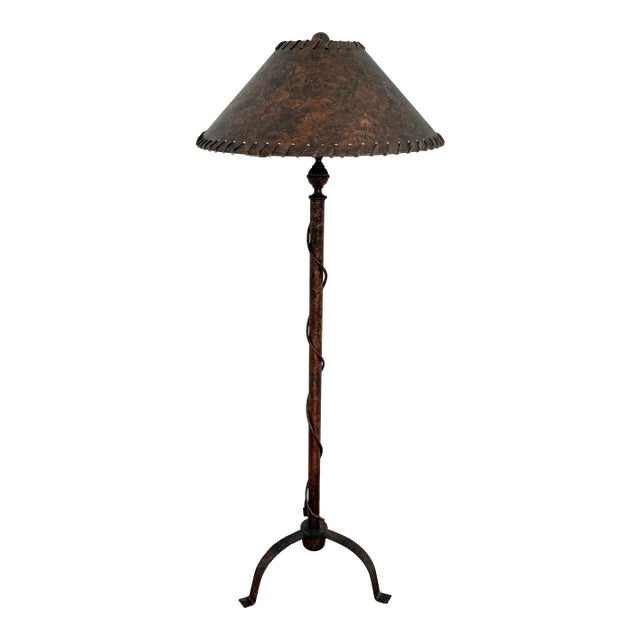 Arts & Crafts Style Wrought Iron Floor Lamp on Tripod Legs With Original Shade For Sale