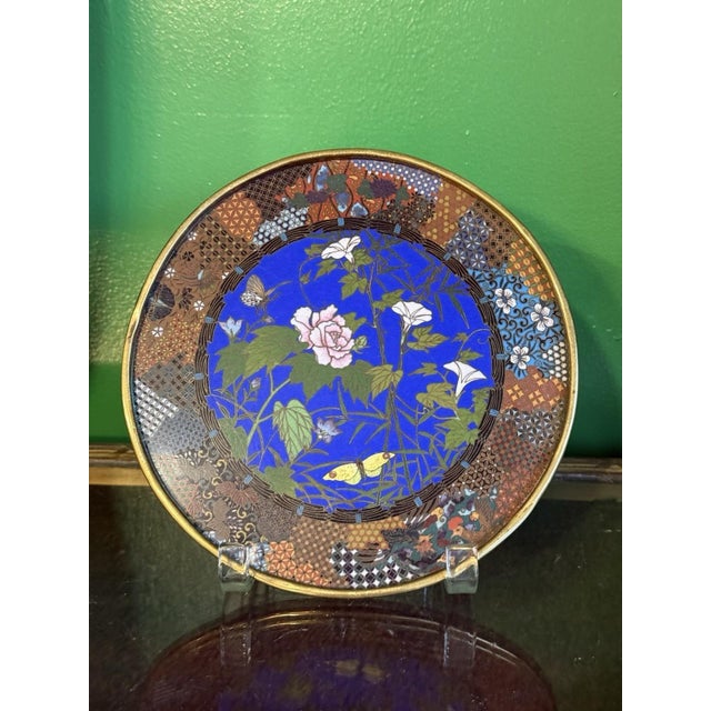 Fine Japanese Cloisonne Enamel Plate With Butterflies Morning Glories Goto For Sale - Image 10 of 12