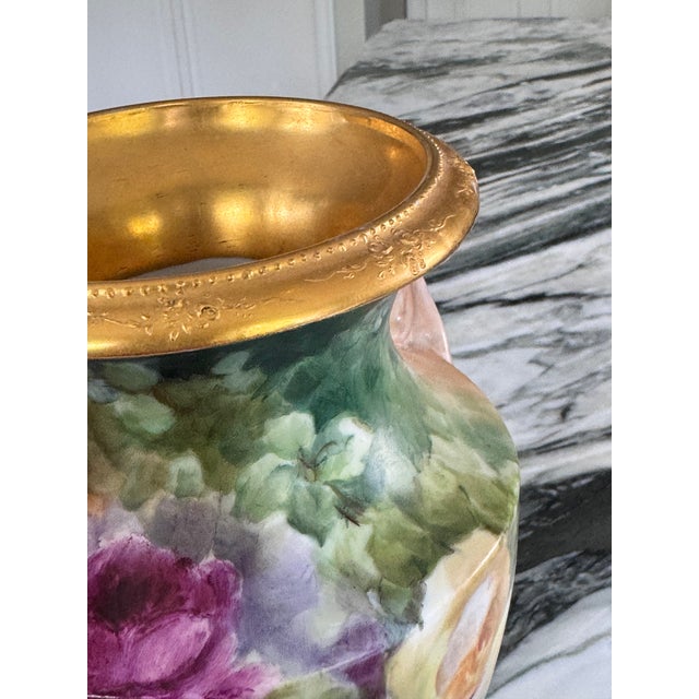 Raspberry Pink Edwardian Era Limoge, France Jean Pouyat Large Scale Hand Painted Vase For Sale - Image 8 of 17