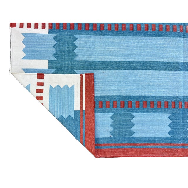 Textile Handmade Cotton Flat Weave Area Rug, Sky Blue, Cream and Red Geometric Dhurrie - 8'x10' For Sale - Image 7 of 13