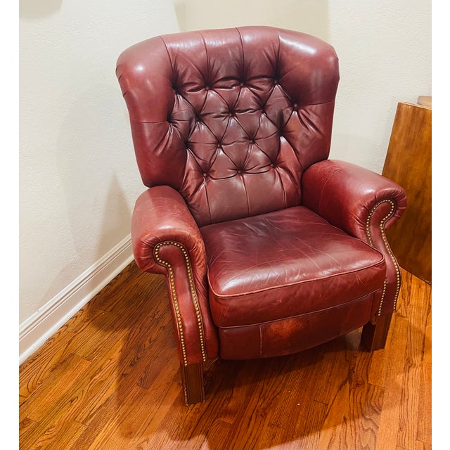 1960s Vintage Pair of Oxblood Tufted Leather Writers Recliner Armchairs For Sale - Image 5 of 10