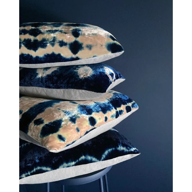 Pink Rousseau Hand Dyed Silk Velvet Pillow, Rose Pink & Indigo Blue Pleat Abstract Pattern For Sale - Image 8 of 11