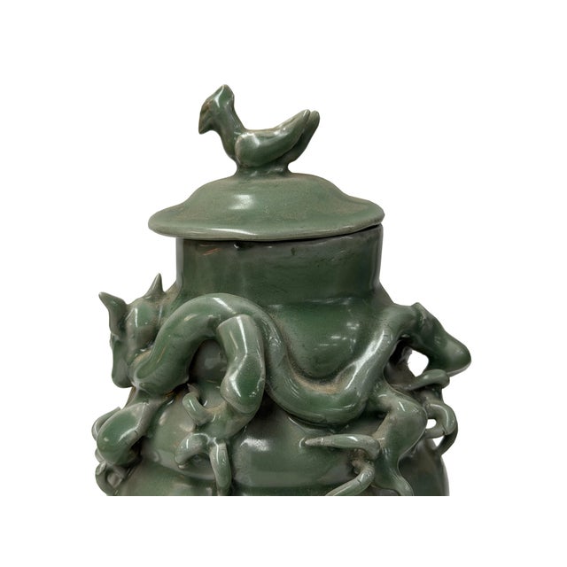 Traditional Vintage Oriental Dragon Motif Celadon Glaze Ceramic Art Jar For Sale - Image 3 of 10