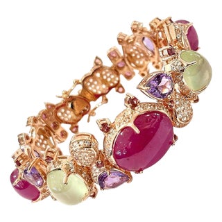 Bochic "Capri" Vintage Amethyst & Multi Color Sapphires Cuff Set In 18K & Silver For Sale