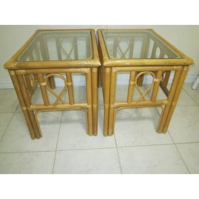 Wood 1990s Vintage Tiki Palm Beach Bamboo Rattan End Table Glass Top Honey Color Set of 2 For Sale - Image 7 of 12