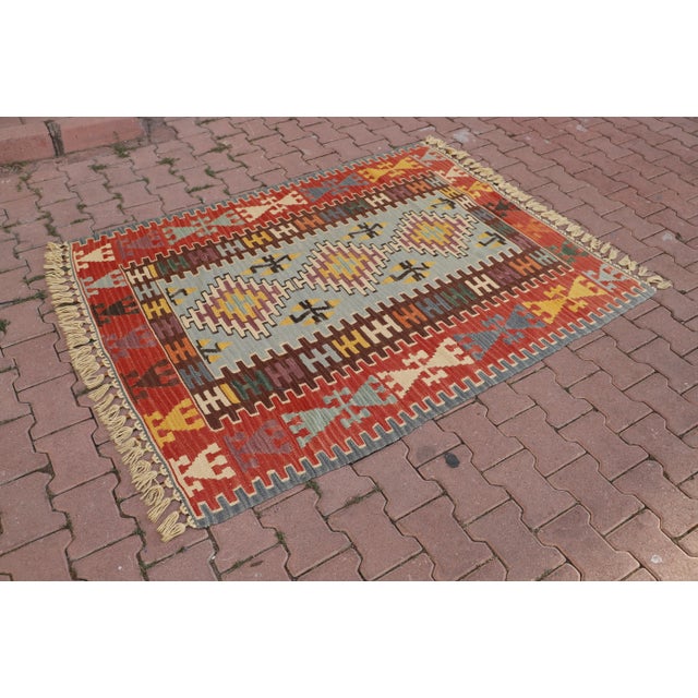Turkish 1960s Turkish Traditional Tribal Design Red Hand Knotted Oushak Kilim Rug For Sale - Image 3 of 8