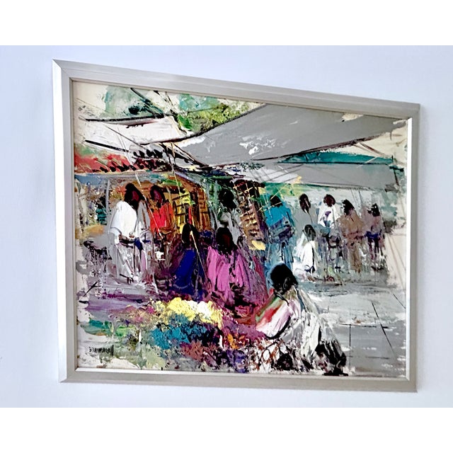 Large Mid 20th Century León Belaunzarán "El Mercado" Oil Painting in Custom Aluminum Frame For Sale In Miami - Image 6 of 7