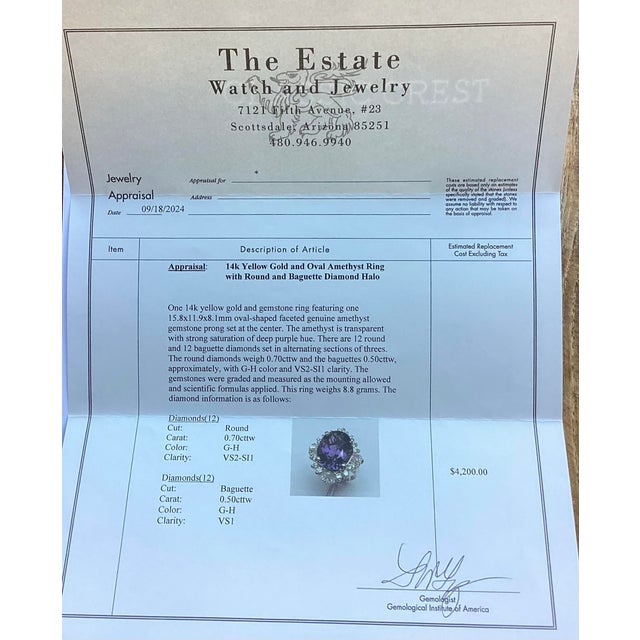 Late 20th Century Stunning 8+ct Amethyst Set in 14k Yellow Gold Surrounded by Diamonds For Sale - Image 4 of 4