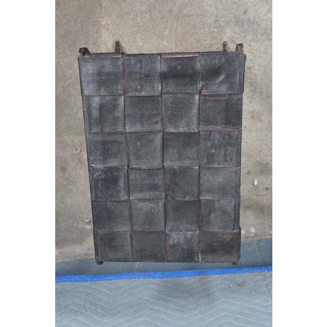 Black Mid 20th Century Vintage French Industrial Iron & Woven Leather Saber Leg Stool Bench Seat For Sale - Image 8 of 11