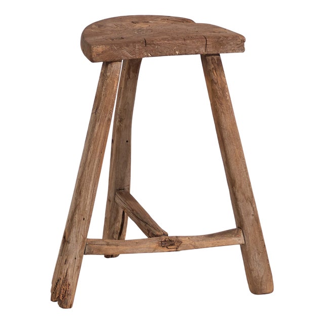 Antique Primitive Stool in Elm, 1900s For Sale