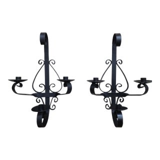 1960 Spanish Revival Three-Arm Wrought Iron Candle Sconces, Pair For Sale