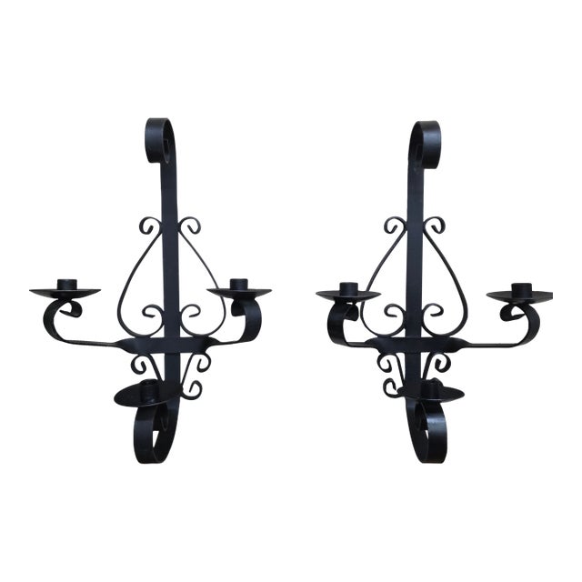 1960 Spanish Revival Three-Arm Wrought Iron Candle Sconces, Pair For Sale