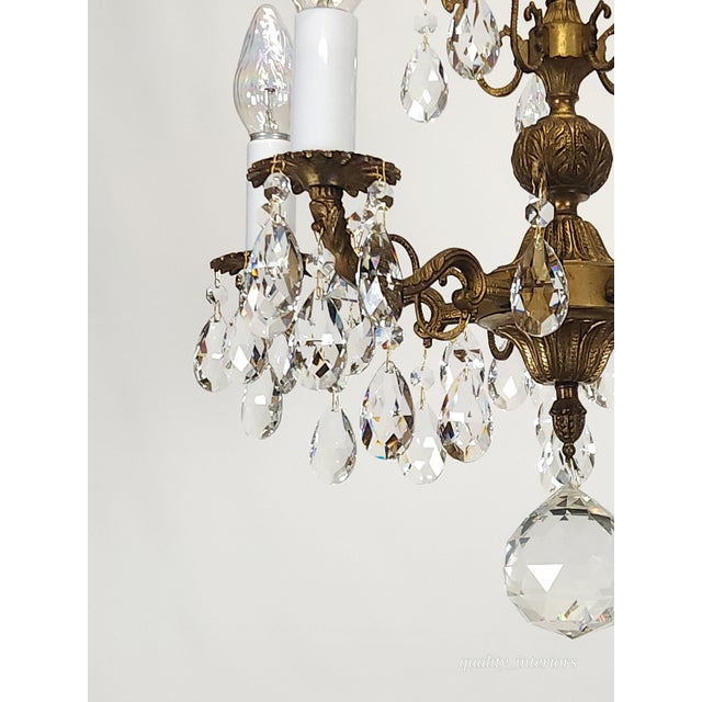 1950s Antique 5 Arm 5 Light Dark Patina Ornate Brass Cut Lead Glass Crystal Chandelier For Sale - Image 5 of 12