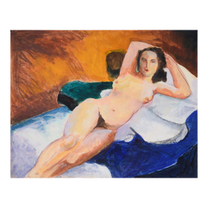 Nude Model on a White and Blue Bed in Acrylic on Paper by Katherine Kallick