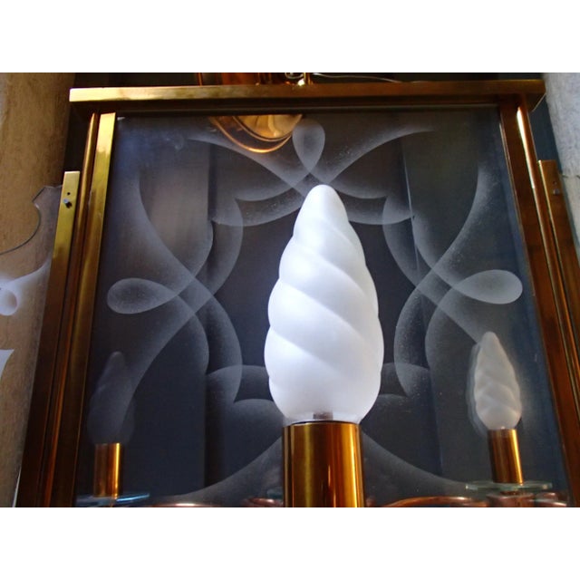 Metal Large Art Deco Brass, Copper & Bricked Glass 8-Flame Ceiling Lamp, 1940s For Sale - Image 7 of 9