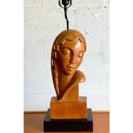 Vintage Art Deco Hand Carved Lady Table Lamp For Sale - Image 9 of 12