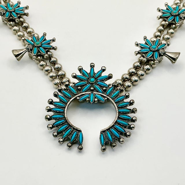 Metal 1960s Vintage Southwestern Zuni Native American Sterling & Turquoise Squash Blossom Beaded Necklace, 27” For Sale - Image 7 of 12