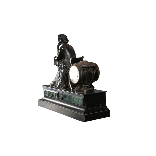 French Antique French 19th Century Japy Fil Classical Figure Bronze Slate Marble Mantel Clock For Sale - Image 3 of 12