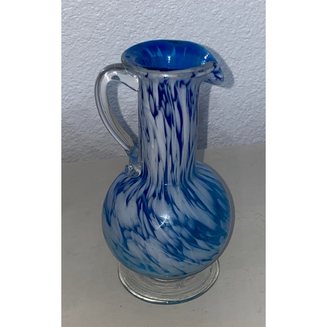 Lefton 1960 Lefton Hand Blown Turquoise and White Glass Pitcher, Made in Japan For Sale - Image 4 of 5