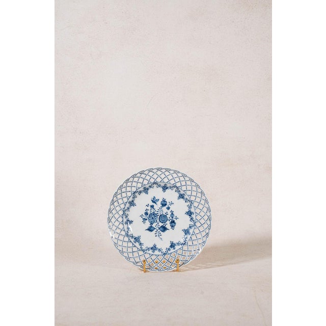 Pair of Antique German Blue + White Reticulated Plates (C. 1905) For Sale - Image 4 of 5