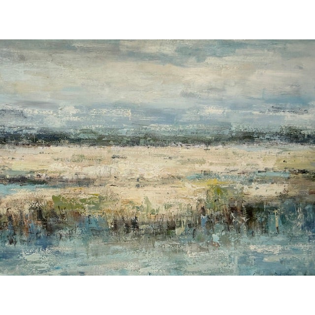 2020s Neutral & Blue Coastal Wetlands Canvas - Original Acrylic Art For Sale - Image 5 of 9