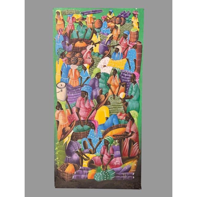 Textile Late 20th Century Vintage Artist Signed Haitian Market Scene Oil Painting on Canvas For Sale - Image 7 of 7