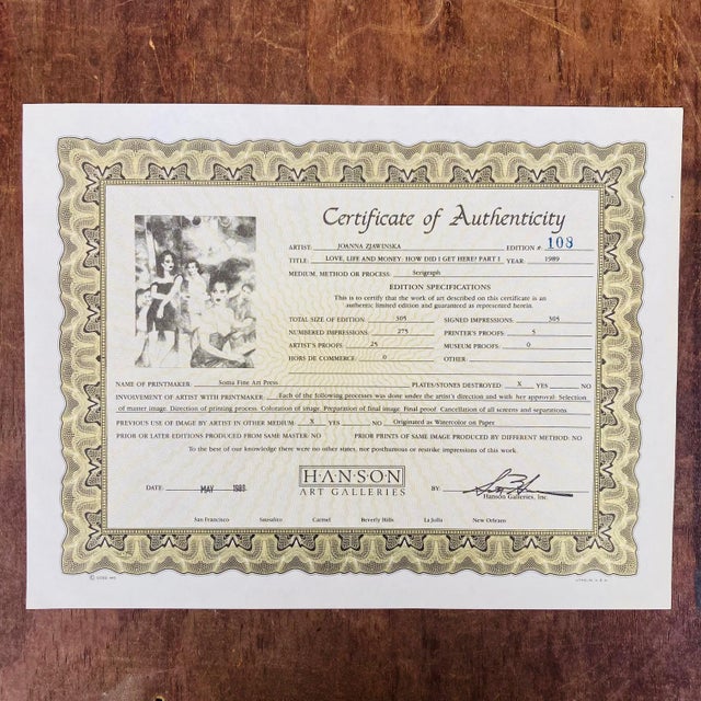 Signed 1980s Joanna Zjawinska Serigraph "Love Life and Money Part 1" For Sale - Image 11 of 12