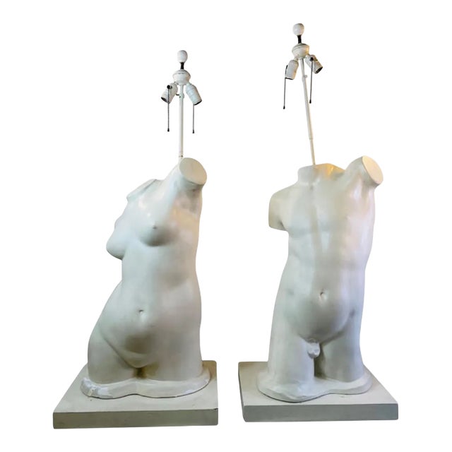 1940's White Plaster Male & Female Torso Table Lamps - Set of 2 For Sale