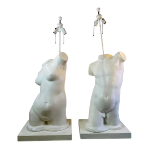 1940's White Plaster Male & Female Torso Table Lamps - Set of 2