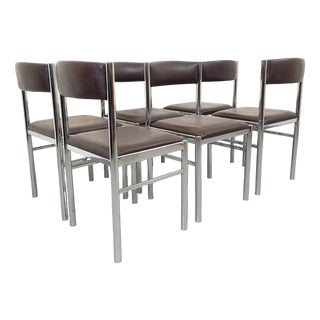 Vintage Chairs in Chromed Metal and Brown Imitation Leather, 1970s, Set of 6 For Sale