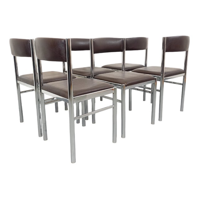 Vintage Chairs in Chromed Metal and Brown Imitation Leather, 1970s, Set of 6 For Sale