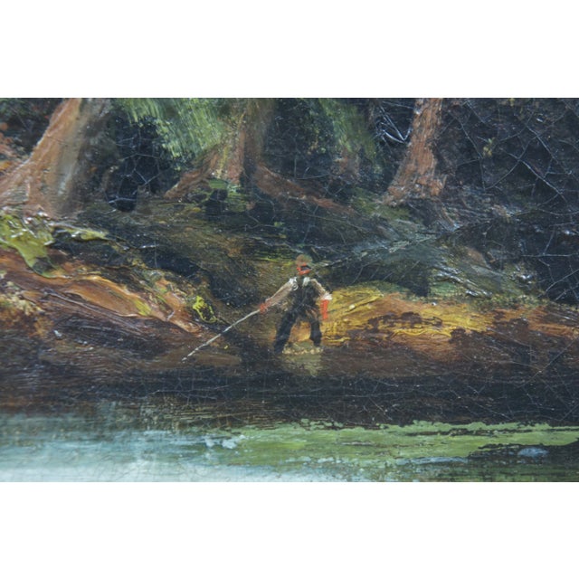 Textile Antique European Fisherman River Cottage Oil Landscape on Canvas by Charles Martin For Sale - Image 7 of 13