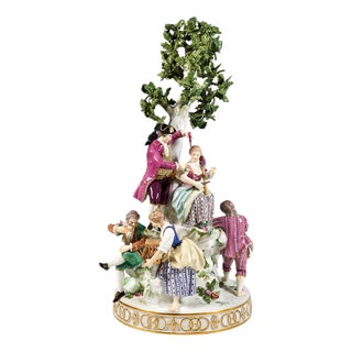 Large Round Porcelain Group with Three Couples at Tree attributed to M.V. Acier for Meissen, 1940 For Sale