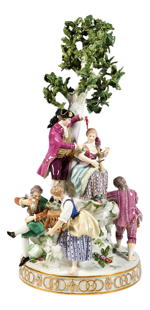 Large Round Porcelain Group with Three Couples at Tree attributed to M.V. Acier for Meissen, 1940