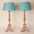 Vintage French Country Lamps Wood Turquoise Linen Lampshades a Pair For Sale - Image 11 of 11