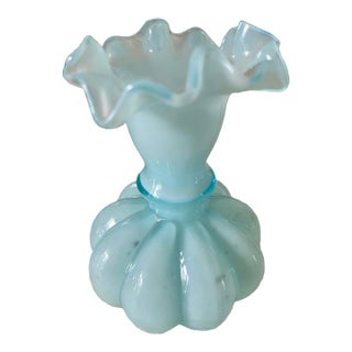 Vintage Fenton Light Blue Melon Vase With Ruffled Edge For Sale