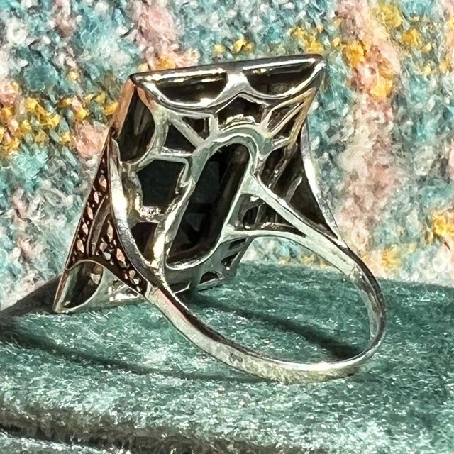 Metal Antique Art Deco Onyx Marcasite Cocktail Ring, C. 1920, Size 8 For Sale - Image 7 of 11