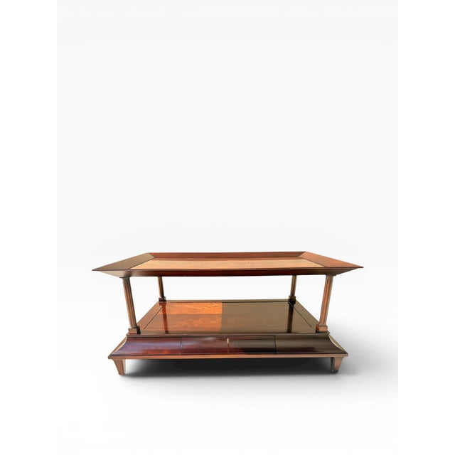 Transitional Late 20th Century Baker Furniture Mahogany Two-Tier Coffee Table With Flame Veneer Top & Fluted Columns For Sale - Image 3 of 15