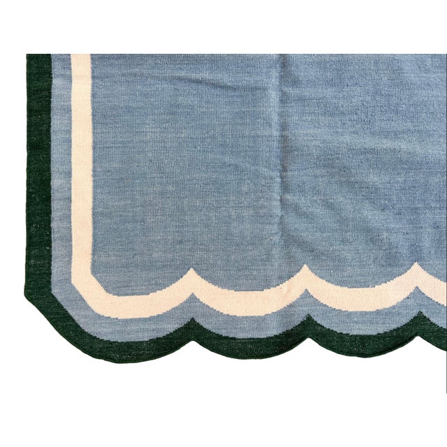 Handmade Woolen Scalloped Rug, Blue With Cream and Forest Green Border - 8'x10' For Sale - Image 10 of 10