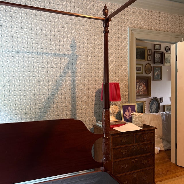 Solid Mahogany Rice Carved Four Poster Queen Bed With Canopy Frame and Low-Profile Boxspring For Sale - Image 9 of 12